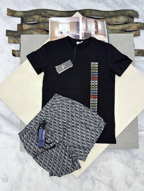 Dior Men's Vertical Multicolor Logo T-Shirt and Oblique Shorts Set AAA Quality Reps UK