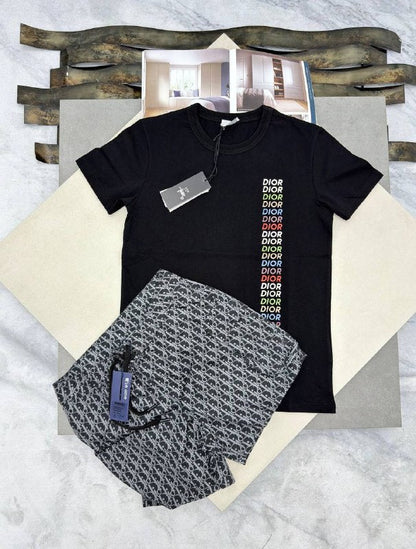 Dior Men's Vertical Multicolor Logo T-Shirt and Oblique Shorts Set AAA Quality Reps UK
