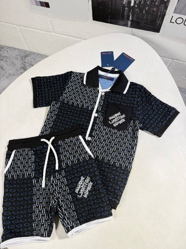 Louis Vuitton Kid's Luxury Damier Jacquard Polo Shirt & Shorts Set AAA Quality Reps UK