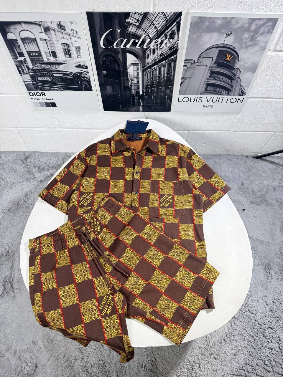 Louis Vuitton Men's Luxury Damier Pop Short-Sleeve Shirt and Shorts Set AAA Quality Reps UK