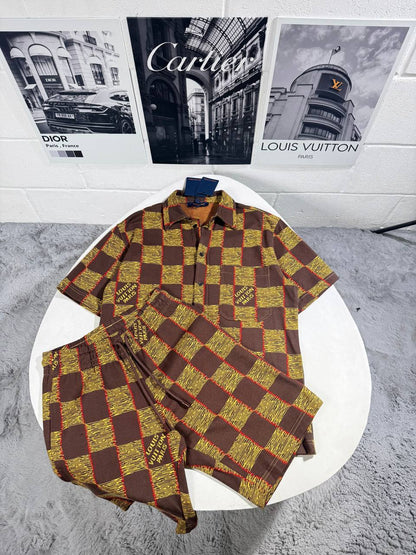 Louis Vuitton Men's Luxury Damier Pop Short-Sleeve Shirt and Shorts Set AAA Quality Reps UK
