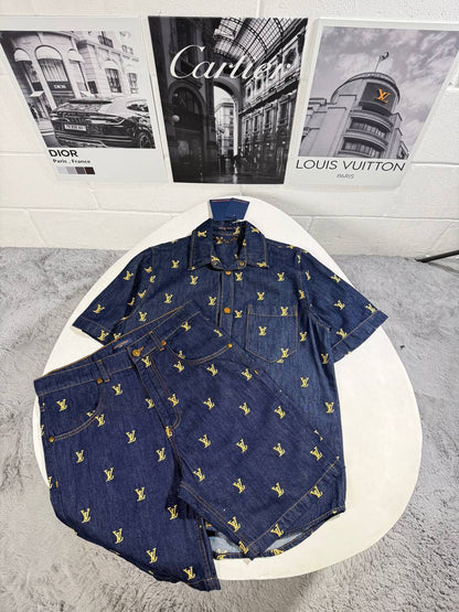 Louis Vuitton Men's Luxury Damier Pop Short-Sleeve Shirt and Shorts Set AAA Quality Reps UK