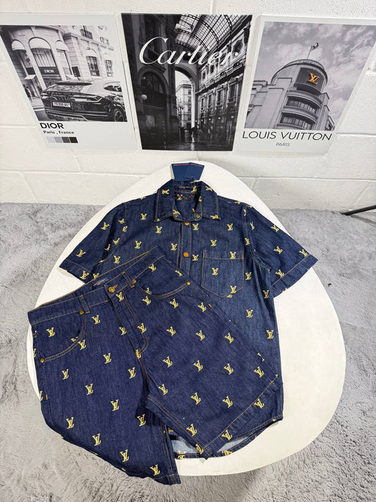 Louis Vuitton Men's Luxury Damier Pop Short-Sleeve Shirt and Shorts Set AAA Quality Reps UK