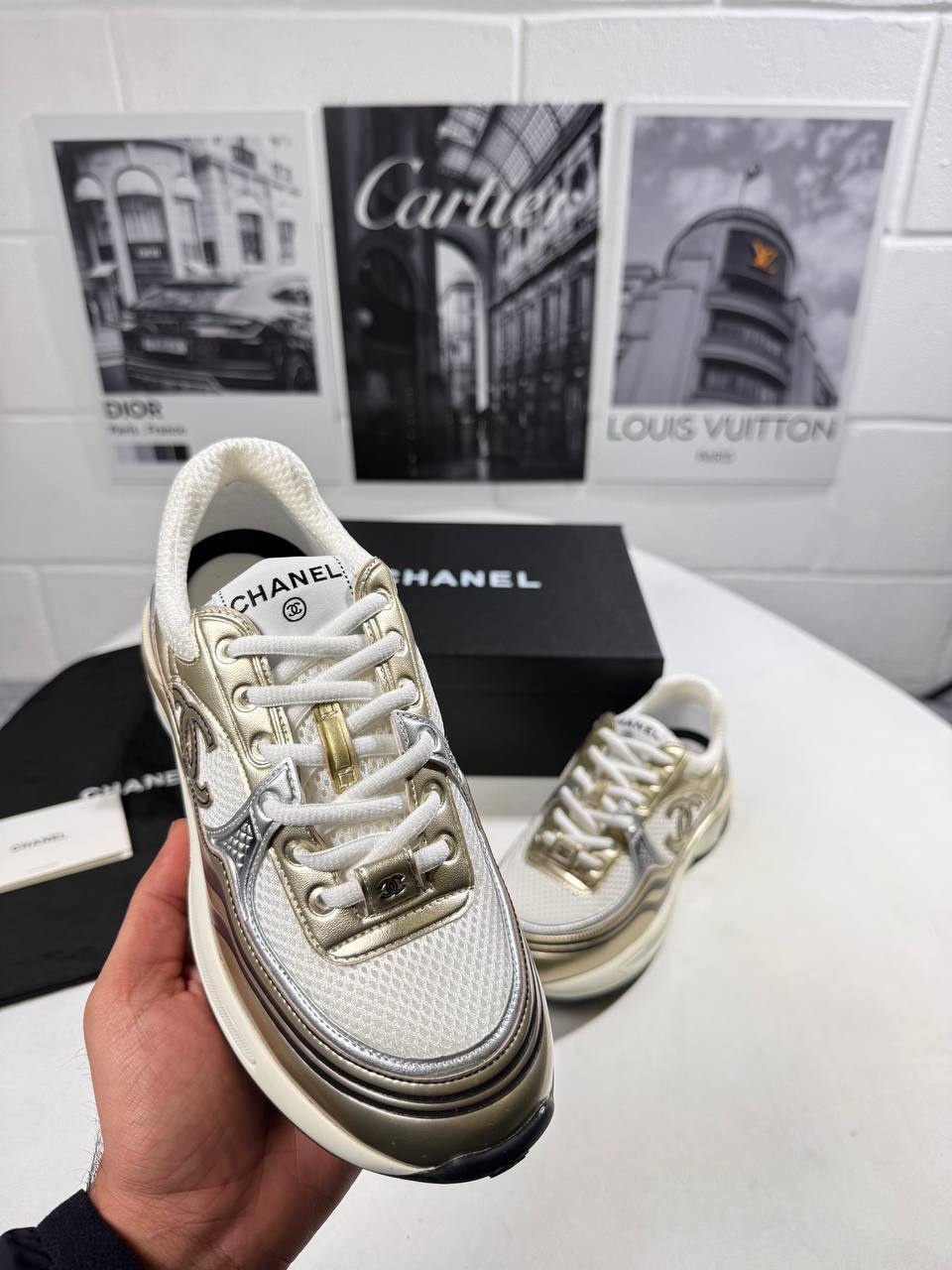 Chanel Fabric Laminated Calfskin White/Gold/Silver Womens Trainers UK Reps AAA Quality