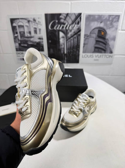 Chanel Fabric Laminated Calfskin White/Gold/Silver Womens Trainers UK Reps AAA Quality