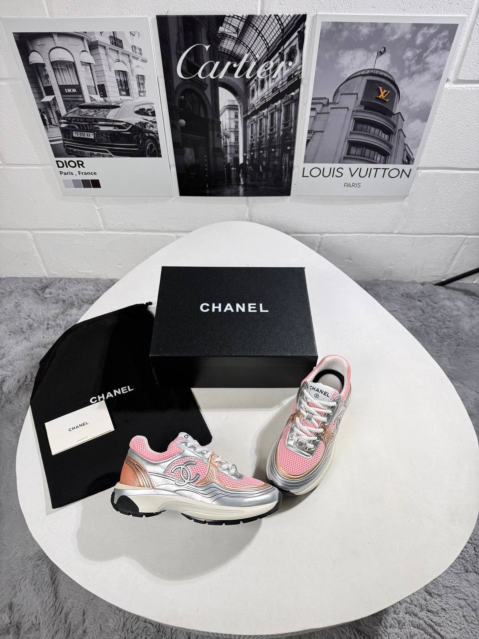 Chanel Fabric Laminated Calfskin Pink/Silver Womens Trainers UK Reps AAA Quality