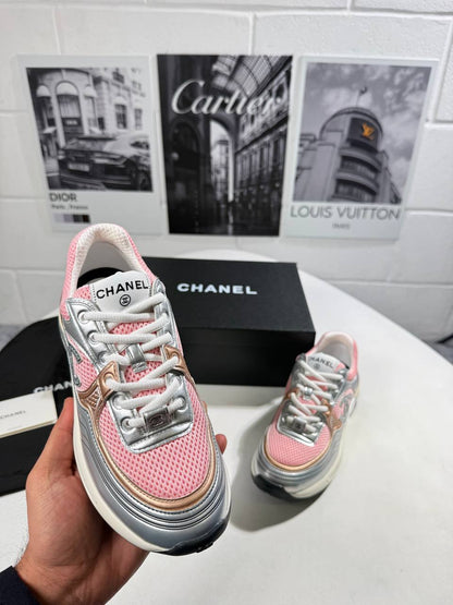 Chanel Fabric Laminated Calfskin Pink/Silver Womens Trainers UK Reps AAA Quality