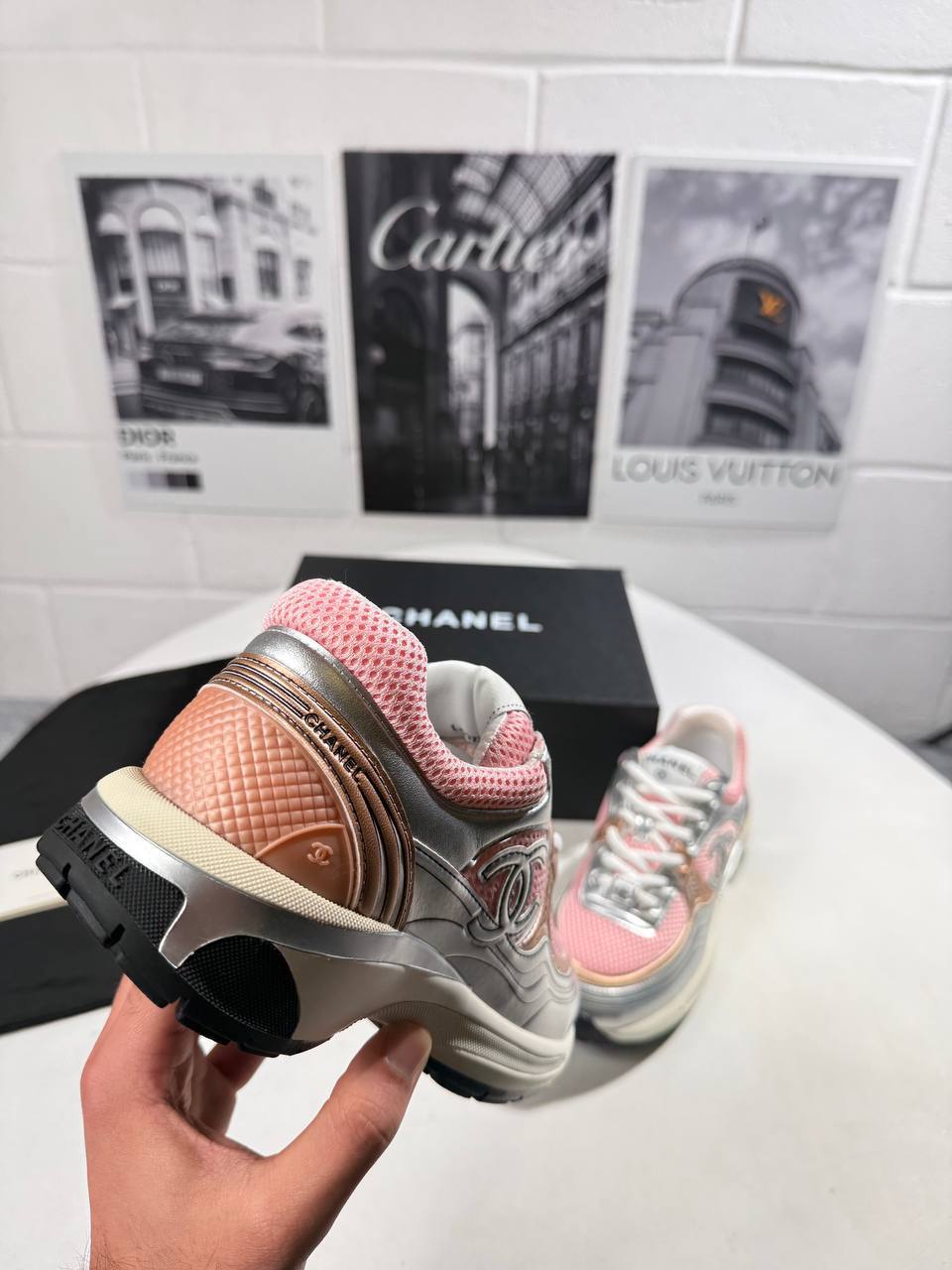 Chanel Fabric Laminated Calfskin Pink/Silver Womens Trainers UK Reps AAA Quality