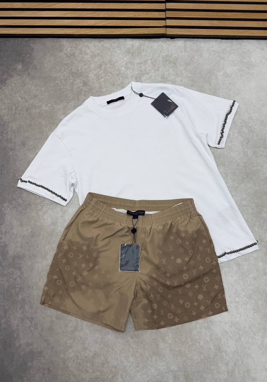 Louis Vuitton Pearl-Embellished Set Mens T-Shirt & Shorts White and Beige UK Reps AAA Quality