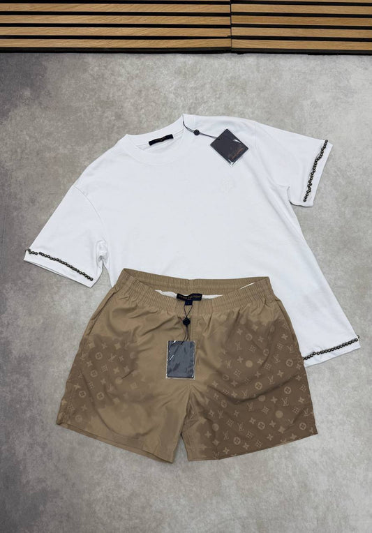 Louis Vuitton Pearl-Embellished Set Mens T-Shirt & Shorts White and Beige UK Reps AAA Quality