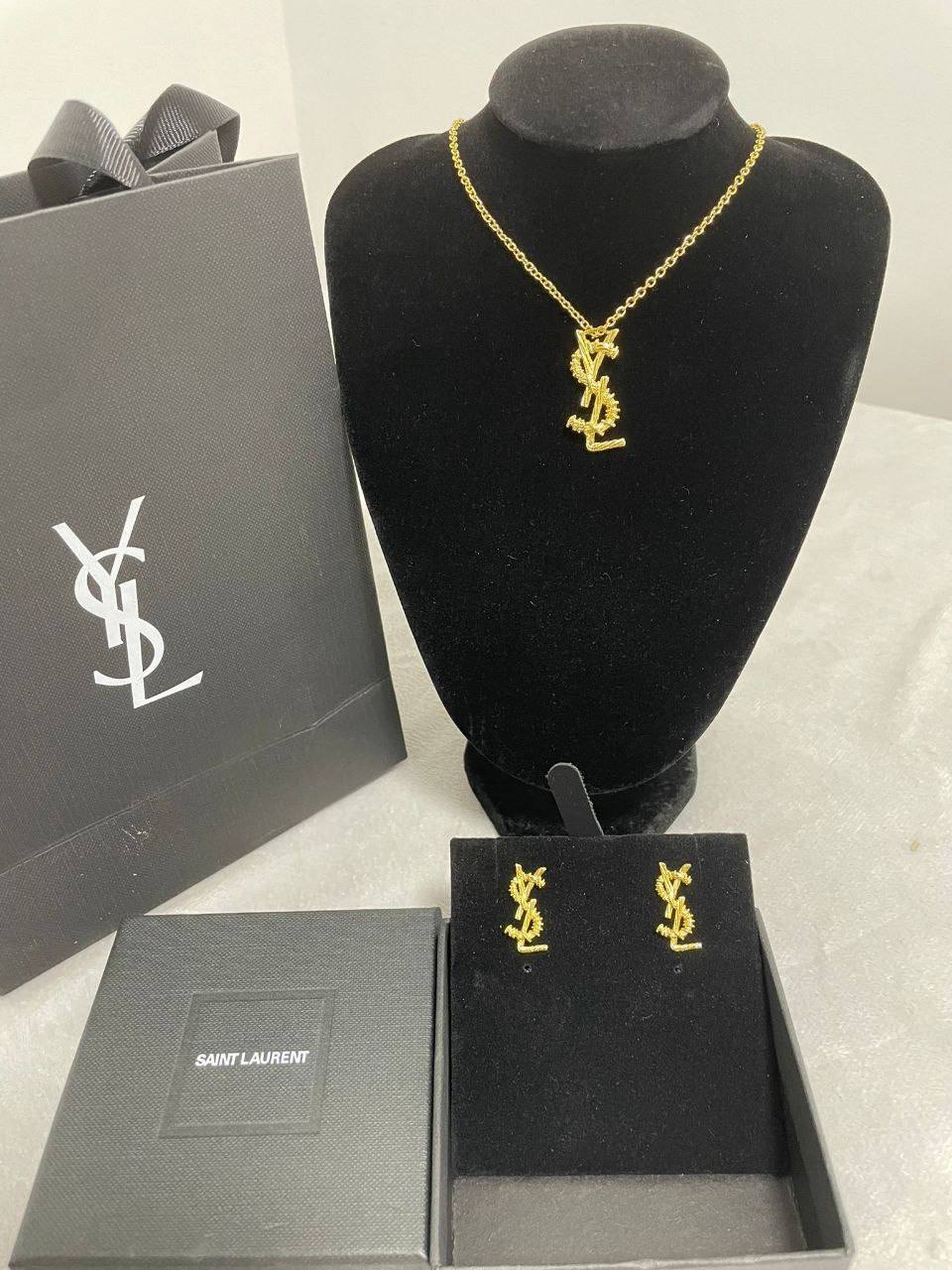 Saint Laurent Rhinestone Monogram Gold-Tone Necklace & Earrings Set Womens UK Reps AAA Quality