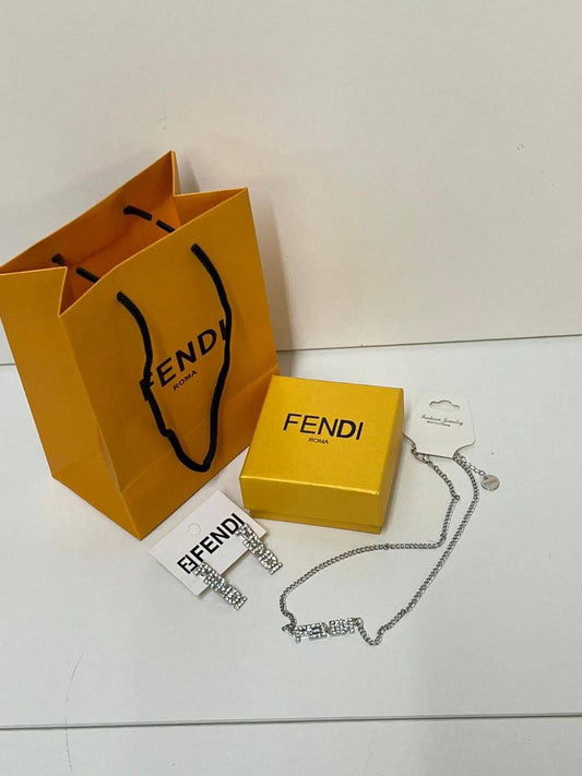 Fendi Roma Rhinestone Script Logo Necklace & Earrings Set Womens UK Reps AAA Quality