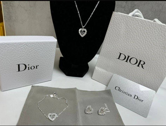 Christian Dior Pavé Rhinestone Heart Necklace & Earrings & Bracelet Set Womens UK Reps AAA Quality