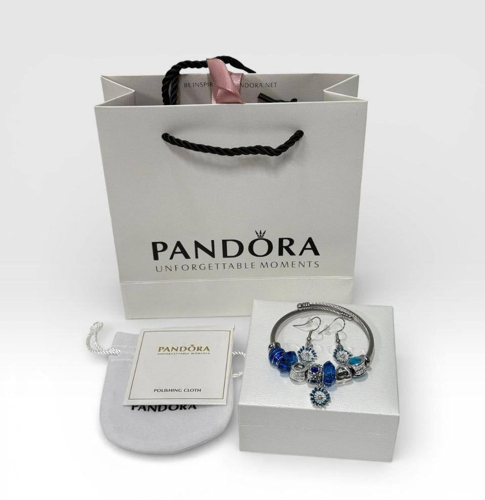 Pandora Blue Evil Eye Charm Bracelet & Earrings Set Womens UK Reps AAA Quality