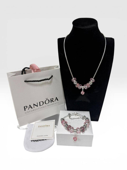 Pandora Pink & Silver Necklace & Bracelet Set Womens UK Reps AAA Quality