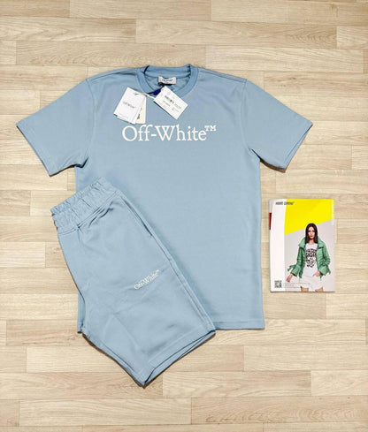 Off-White Big Bookish Logo T-Shirt & Shorts Light Blue UK Reps AAA Quality