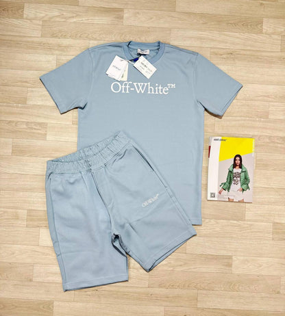 Off-White Big Bookish Logo T-Shirt & Shorts Light Blue UK Reps AAA Quality