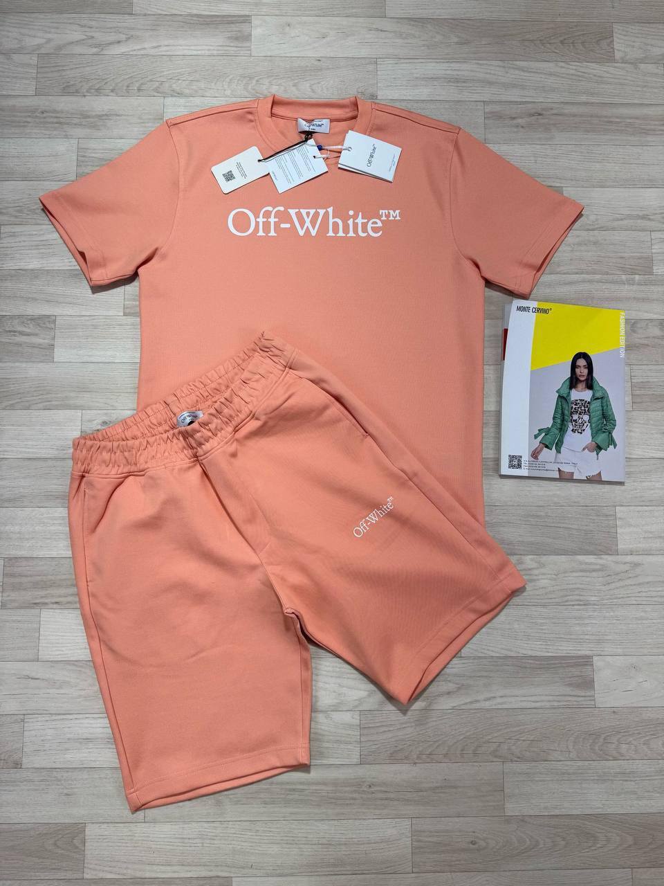 Off-White Big Bookish Logo T-Shirt & Shorts Peach UK Reps AAA Quality