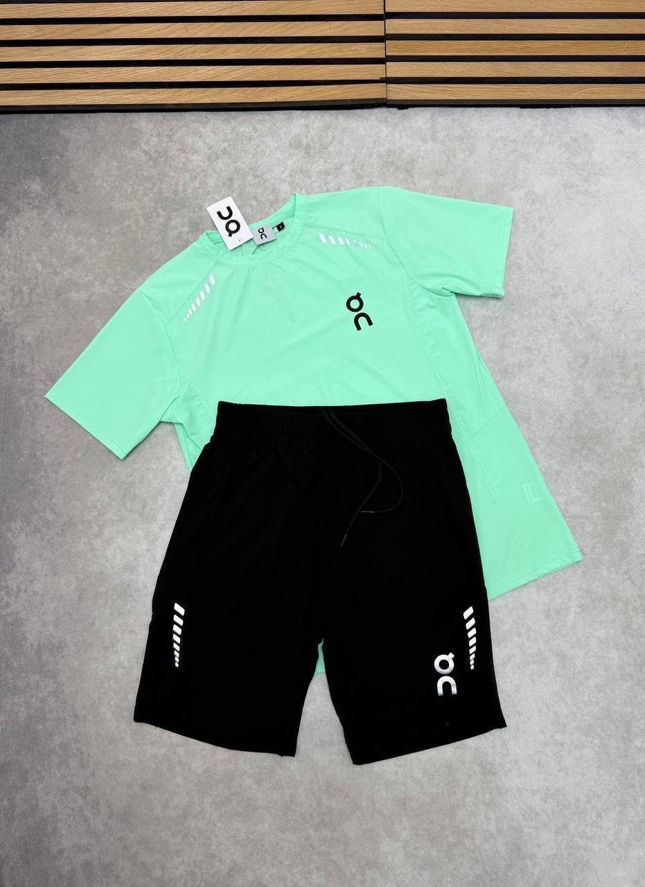 On Cloud Running Mint Green and Black T-Shirts & Shorts Mens UK Reps AAA Quality