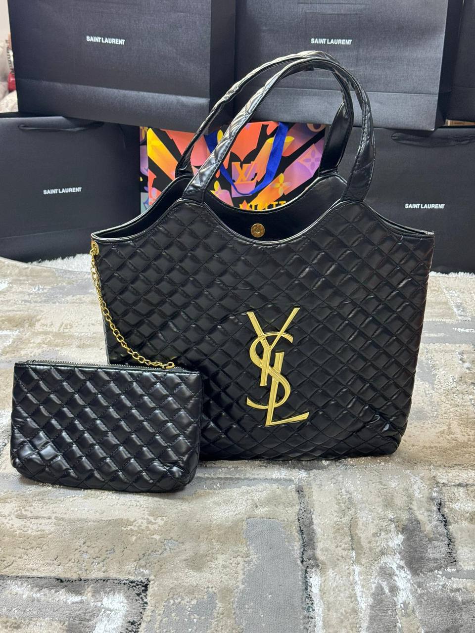 Saint Laurent Icare Maxi Womens Bag Golden Logo UK Reps AAA Quality