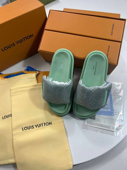 Louis Vuitton Pillow Flat Sandals Green Denim Women UK Reps AAA Quality
