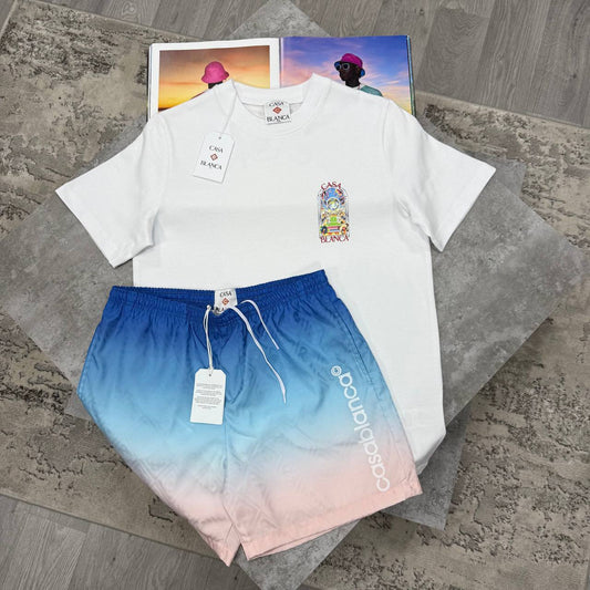 Casablanca Window Chest Graphic T-Shirt and Swim Shorts Set Mens UK Reps AAA Quality