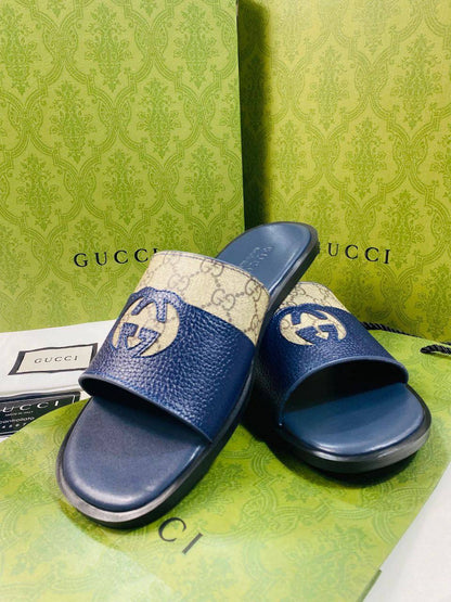 Gucci GG Supreme Canvas and Blue Leather Slide Mens UK Reps AAA Quality