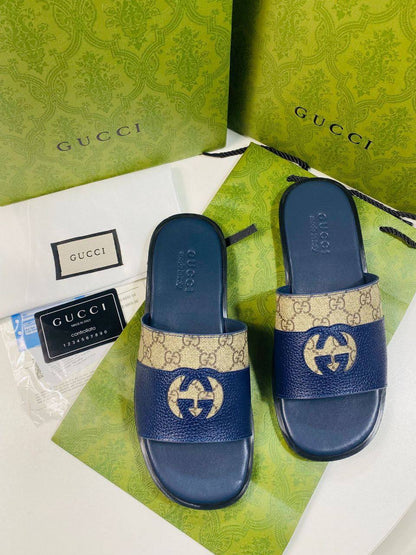 Gucci GG Supreme Canvas and Blue Leather Slide Mens UK Reps AAA Quality